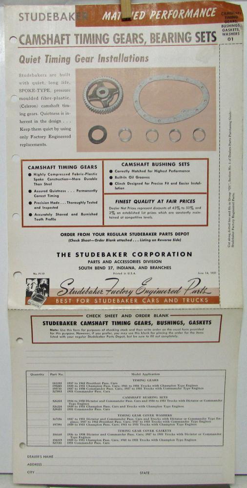 1951 Studebaker Parts Bulletin Indep Garages Camshaft Timing Gears Bearing Orig