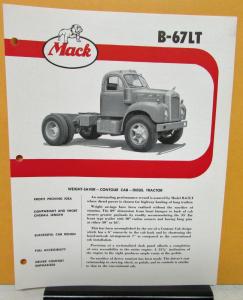 1958 Mack Truck Model B 67LT Specification Sheet