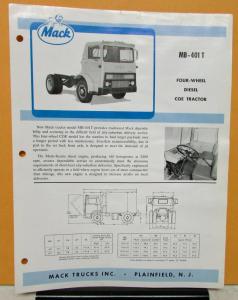 1963 Mack Truck Model MB 401T Specification Sheet