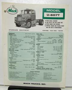 1965 Mack Truck Model U 607T Specification Sheet.
