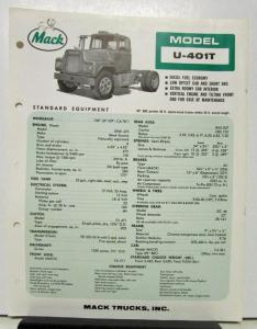 1965 Mack Truck Model U 401T Specification Sheet.