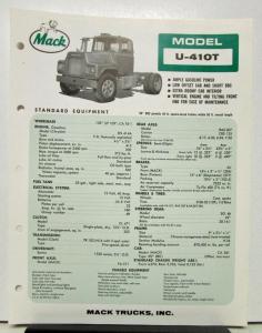 1965 Mack Truck Model U 410T Specification Sheet.