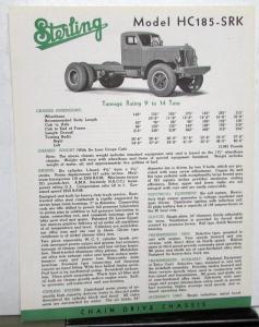 1938 Sterling Truck Model HC185 SRK Specification Sheet