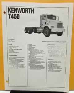 1989 Kenworth Truck Model T450 Standard Equipment Sheet