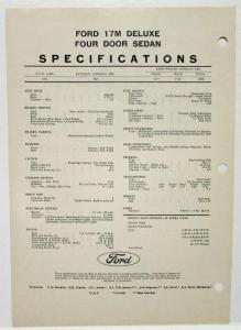1969-1970 Ford 17M Deluxe Four Door Sedan Spec Sheet - South African