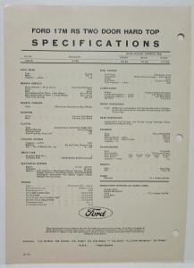 1970 Ford 17M RS Two Door Hard Top Spec Sheet - South African