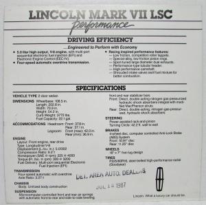 1987 Lincoln Mark VII LSC Spec Sheet