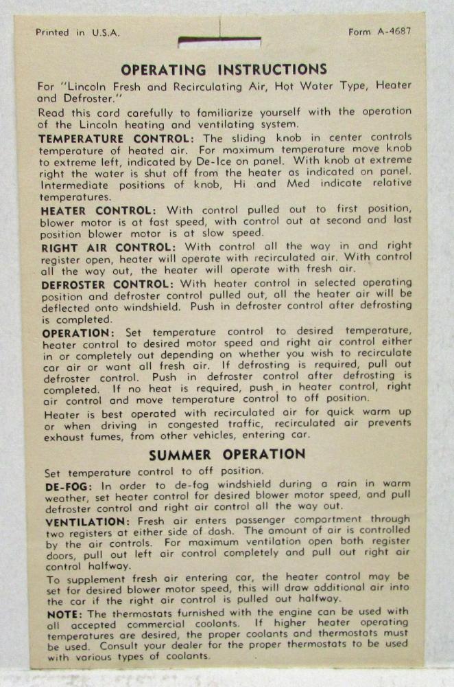 1949 Lincoln Operating Instructions Card for Heater and Defroster