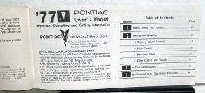 1977 Pontiac Owners Manual Care & Operation Ventura & SJ Original