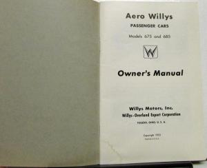 1953 1954 Aero Willys Car Models 675 685 475 Owners Manual Original