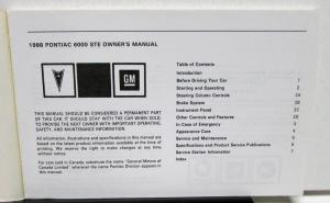 1988 Pontiac Owners Manual 6000 STE Care & Operation Original