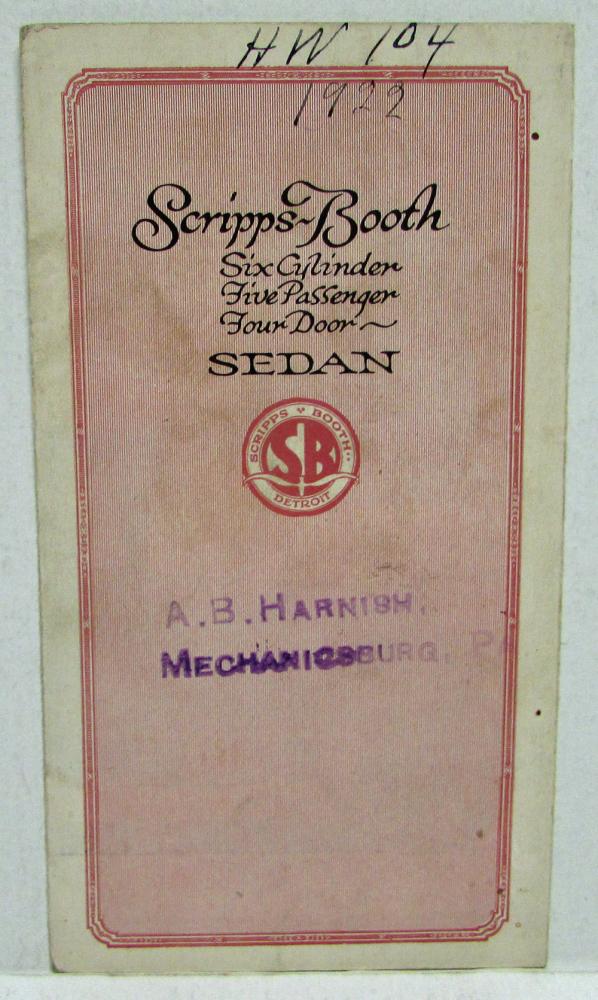 1922 Scripps Booth 6 Cyl 5 Passenger 4 Door Sedan Sales Brochure Folder Original