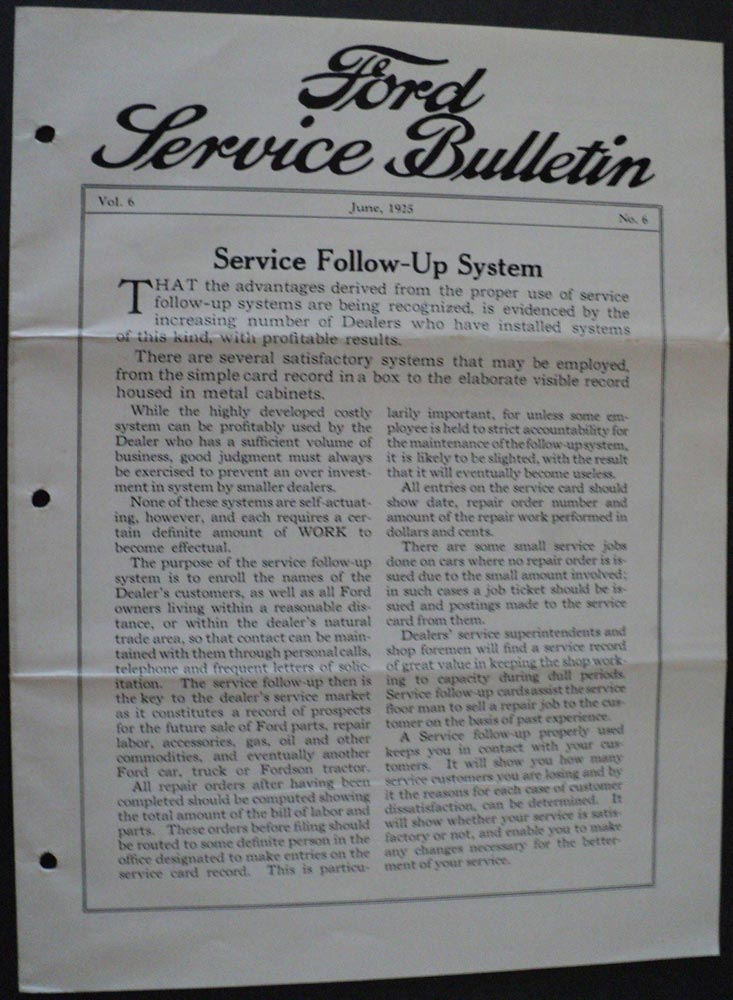 Ford Service Bulletin Vol 6 No 6 June 1925 Service Follow Up Original