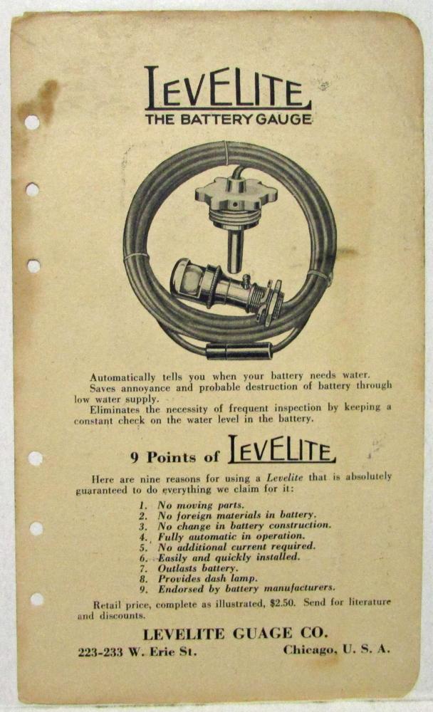 1924 Levelite The Battery Gauge for Ford and Others Data Sheet