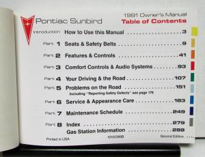 1991 Pontiac Sunbird Operator Owner Manual Original