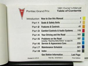 1991 Pontiac Grand Prix Operator Owner Manual Original