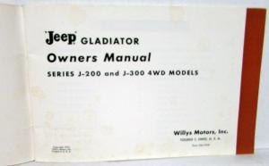 1962 1963 Willys Jeep Gladiator J 200 300 4WD Models Owners Manual Original