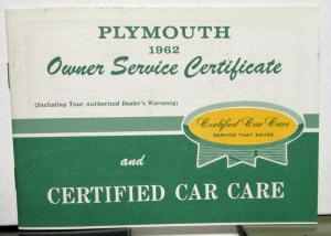 1962 Plymouth Owner Certified Car Care Warranty Booklet Service Reminders