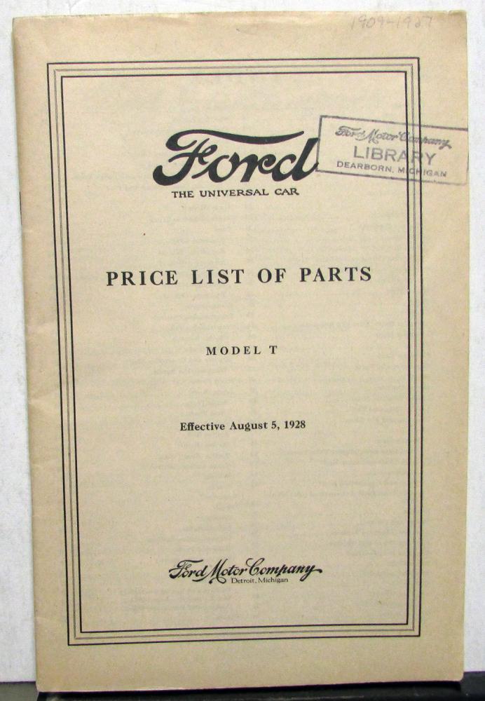 1928 Ford Model T Price List of Parts Orig Effect  Aug 5 1928 For 1909 To 1927