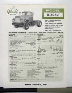 1965 1966 Mack Truck Model R 607LT Specification Sheet