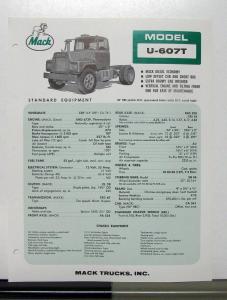 1967 Mack Truck Model U 607T Specification Sheet