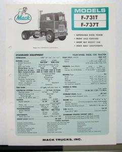 1967 Mack Truck Model F 731T 737T Specification Sheet