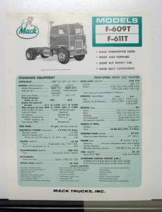 1967 Mack Truck Model F 609T 611T Specification Sheet