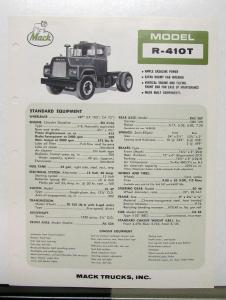 1967 Mack Truck Model R 410T Specification Sheet