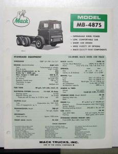 1969 Mack Truck Model MB 487S Specification Sheet