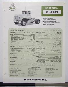 1970 Mack Truck Model R 401T Specification Sheet