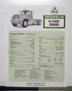 1969 Mack Truck Model R 700T Specification Sheet