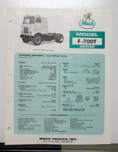 1970 Mack Truck Model F 700T Specification Sheet