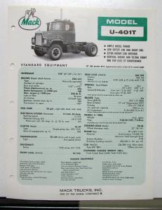 1970 Mack Truck Model U 401T Specification Sheet