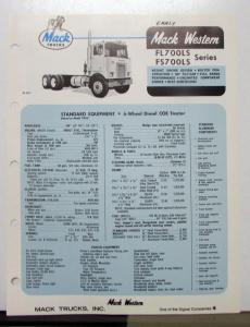 1970 Mack Western Truck Model FL700LS FS700LS Specification Sheet