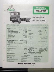 1972 Mack Truck Model MB 491S Specification Sheet