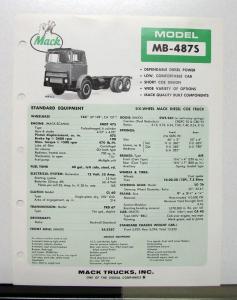 1972 Mack Truck Model MB 487S Specification Sheet