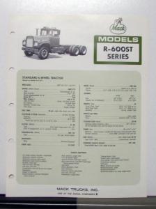 1972 Mack Truck Model R 600ST Specification Sheet
