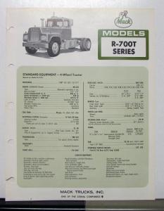 1972 Mack Truck Model R 700T Specification Sheet