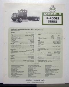 1972 Mack Truck Model R 700LS Specification Sheet