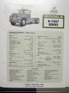 1973 Mack Truck Model R 700T Specification Sheet