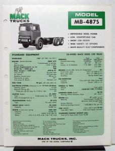 1974 Mack Truck Model MB 487S Specification Sheet