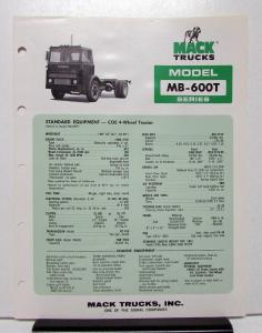 1976 Mack Truck Model MB 600T Specification Sheet