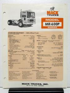 1978 Mack Truck Model MR-600P Specification Sheet