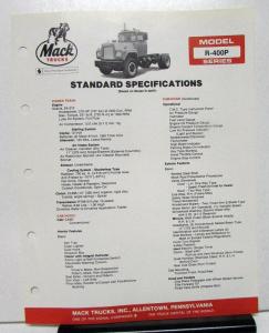 1982 Mack Truck Model R 400P Specification Sheet