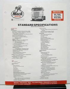 1983 Mack Truck Model WL700L WS700L Specification Sheet