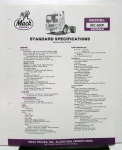 1985 Mack Truck Model MC 600P Specification Sheet