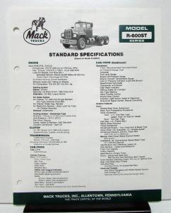 1987 Mack Truck Model R 600ST Specification Sheet