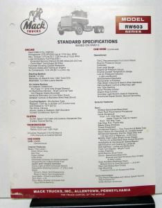 1987 Mack Truck Model RW603 Specification Sheet