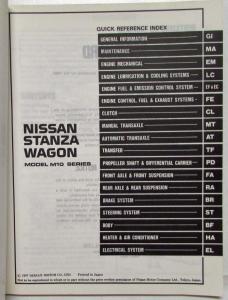 1988 Nissan Stanza Wagon Service Shop Repair Manual Model M10 Series