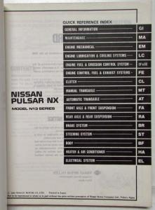 1989 Nissan Pulsar NX Service Shop Repair Manual Model N13 Series & Supplement